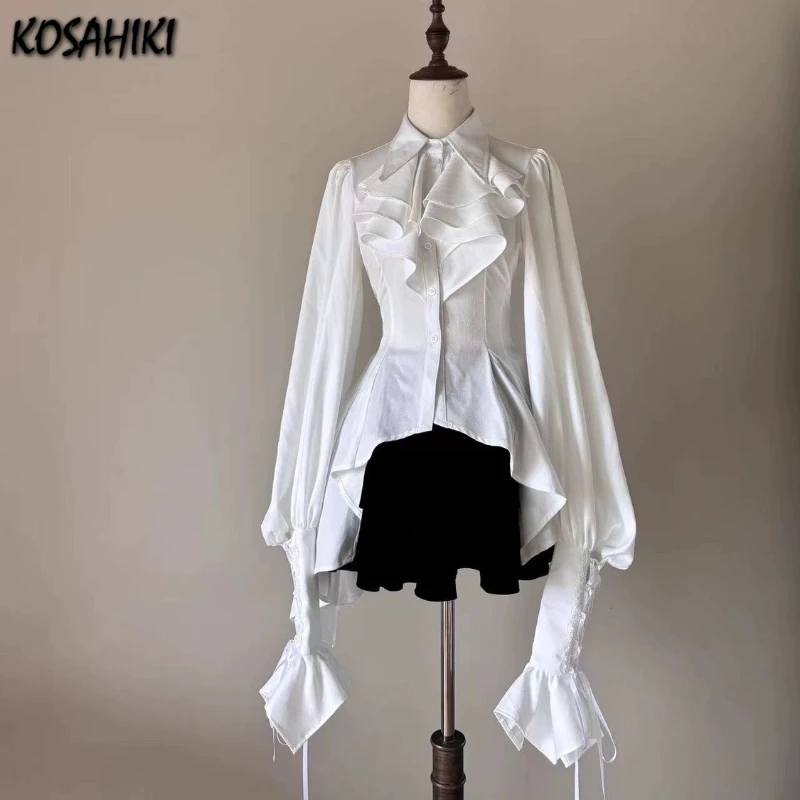 Japanese Vintage Lolita Irregular Blouse Women Lace Bandage Flare Sleeve Ruffle JK Shirts Y2k Aesthetic Solid Kawaii Tops Blusas