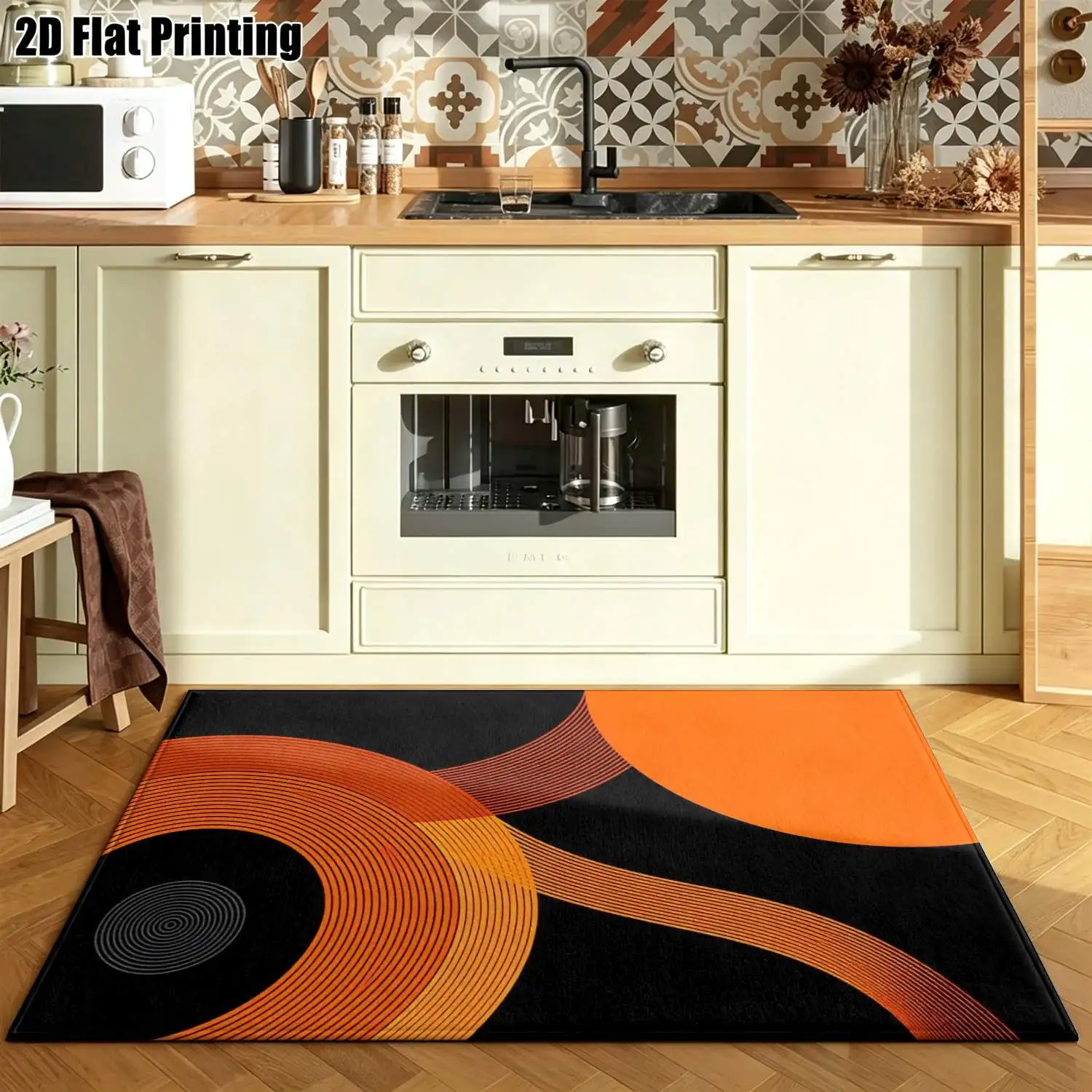 1Pc 2D Printed Nordic Style Orange Geometric Stripe Carpet, Instagram-Style Floor Mat, Modern Minimalist Abstract Art Rug, Machine Washable, Multi-Size, Suitable for Home Decor: Entrance, Dining Room, Foyer, Bedroom, Living Room
