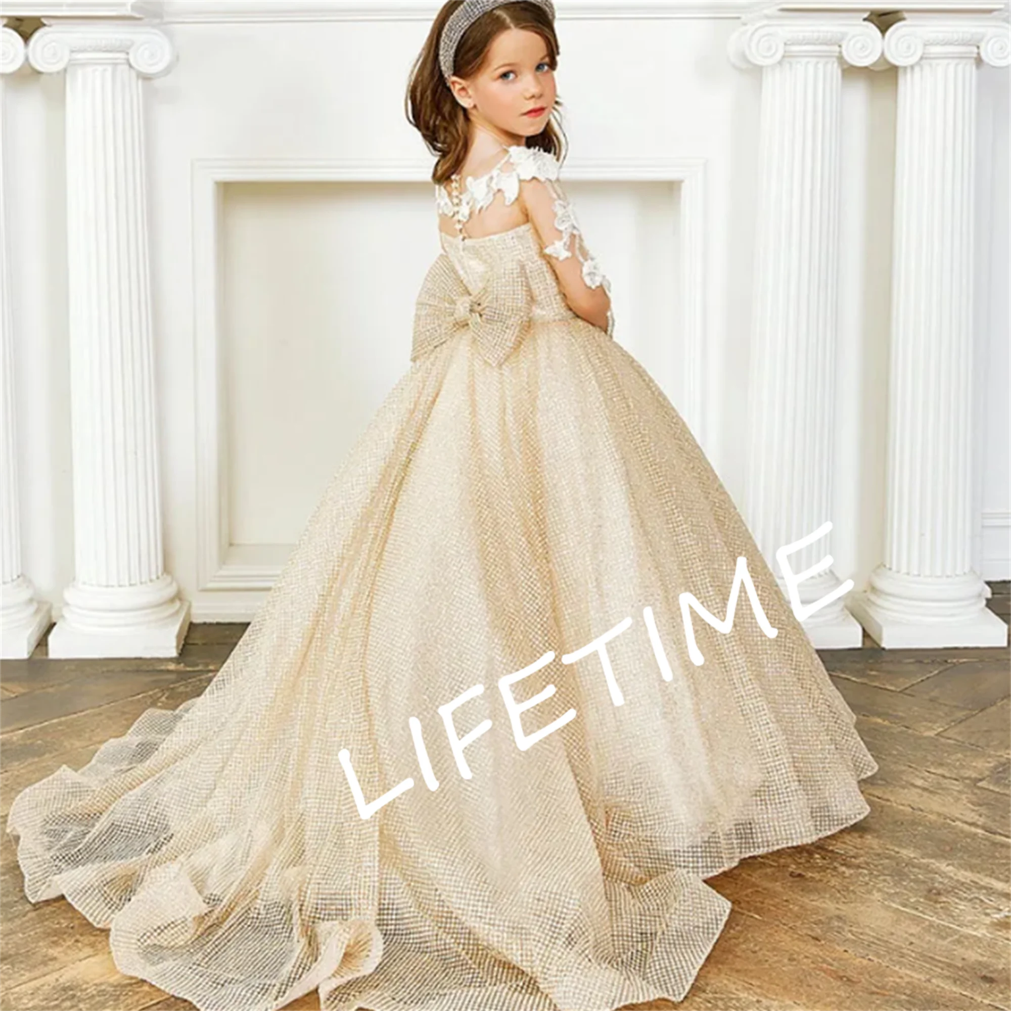 Princess Wedding Frock Elegant Luxury Champagne Flower Little Girl Tulle Dresses Wedding Birthday Party Dress For Kids Baby