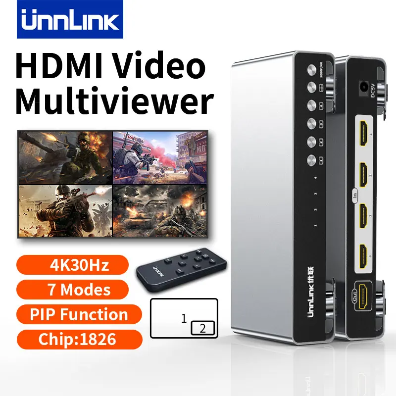 Unnlink 4K HDMI Quad Screen Multiviewer 4x1 2x1 Seamless Switching 4 In 1 Out HDMI Switch PIP for Camera PC to Monitor 1826 Chip