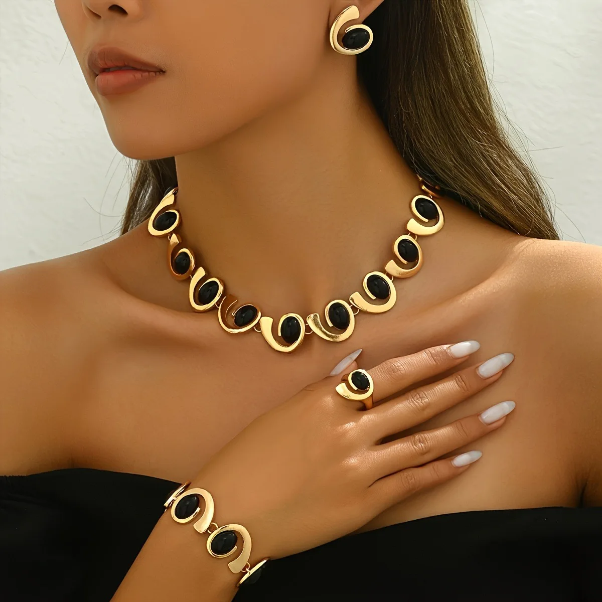 

5PCS Jewelry Set Bohemian Double Layer Necklace Bracelet Ring Earrings for Women 2025 Punk Fashion Ladies Jewelry