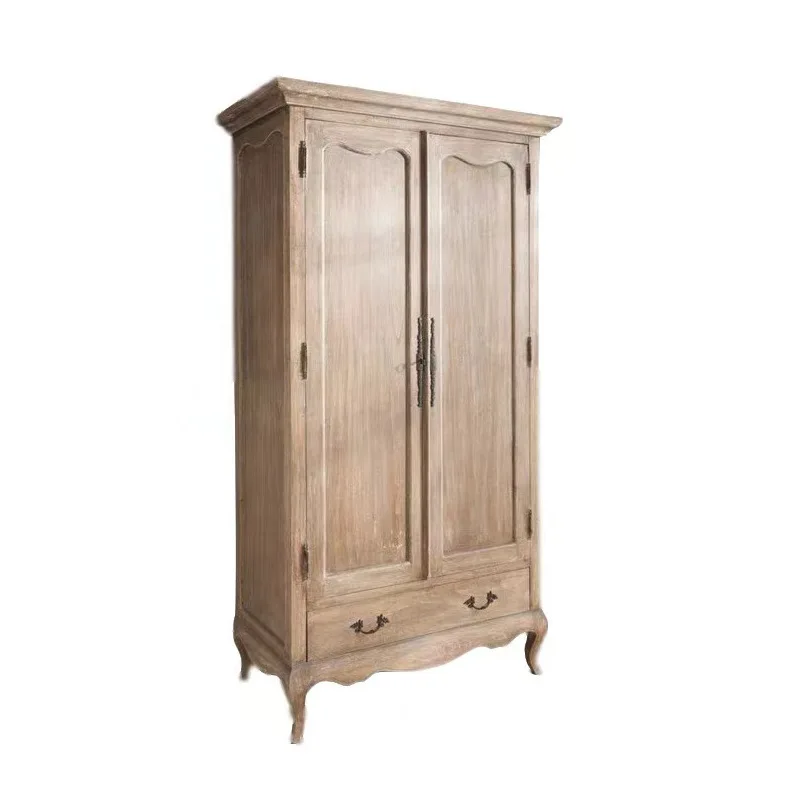 American country solid wood oak double door wardrobe, French retro old weathered gray children's wardrobe flat wood cabinet