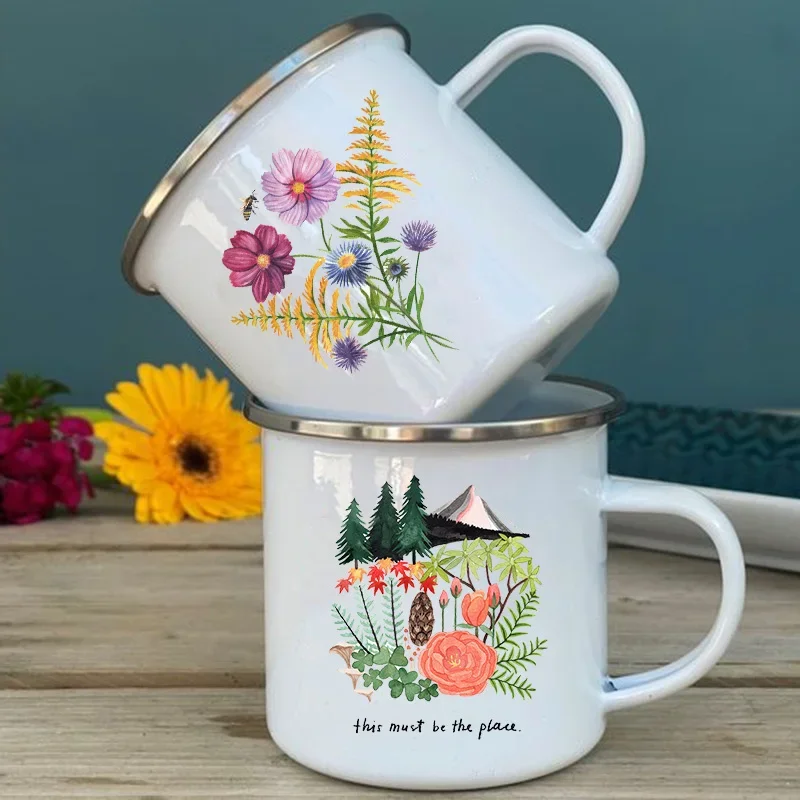 

Flower Prant Printed Enamel Mugs Creative Drink Coffee Mug Outdoor Travel Water Cup Camping Campfire Cups Handle Drinkware Gifts