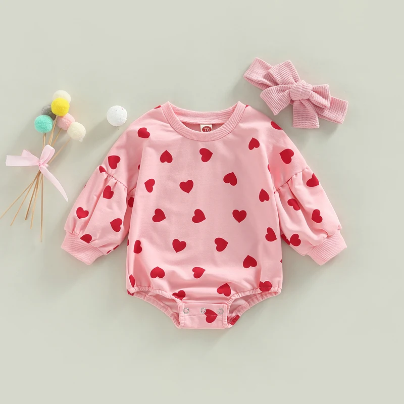 Infant Baby Girls Sweet Bodysuit Letter/Heart Print Long Sleeve Sweatshirt Autumn Spring Casual Jumpsuits with Headband