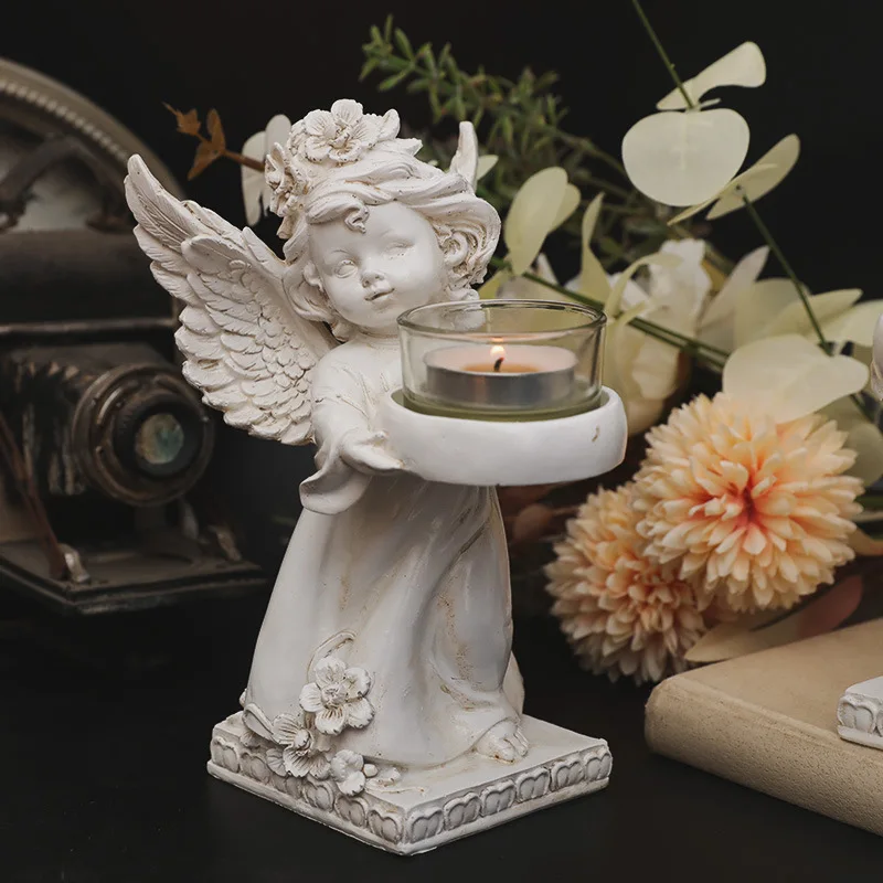 European Standing Posture Retro Made Wings Angel Holding Candlestick Party Dining Room Romantic Atmosphere Decorative Ornaments