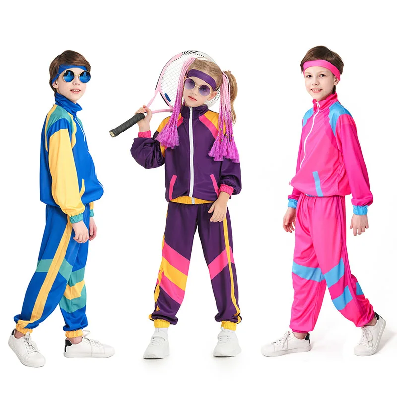 Kids Retro Vintage Hip-hop Disco Dance Cosplay Costume Boys Girls Sportwear Outfits Halloween Carnival Party Children Suit