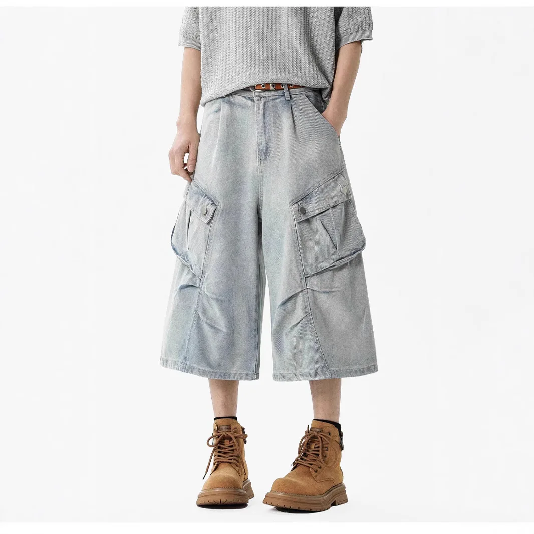 2026 Summer New Wide-leg Washed Denim Cropped Pants Men's High Street Straight Loose Multi-pocket Tooling Shorts Trend
