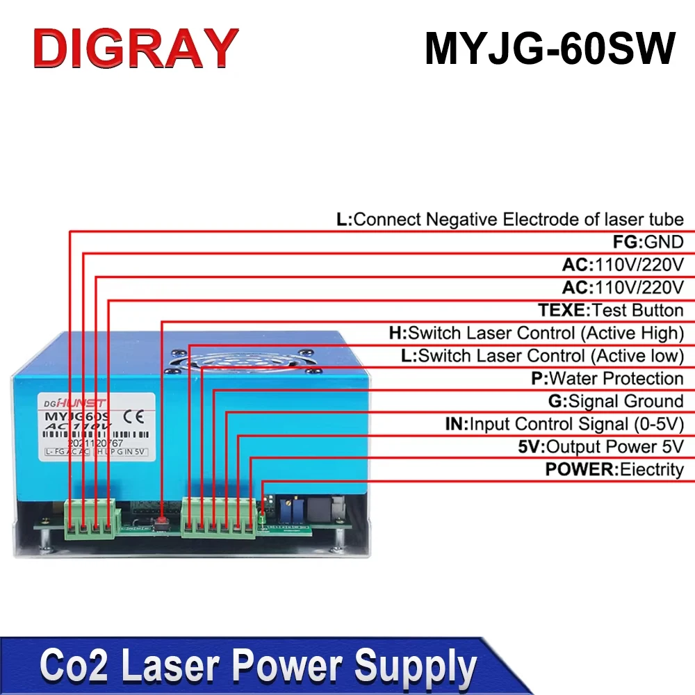 DIGRAY MYJG-60W CO2 レーザー電源 110V/220V オプション、50W 60W 切断および彫刻機ガラス管に適しています