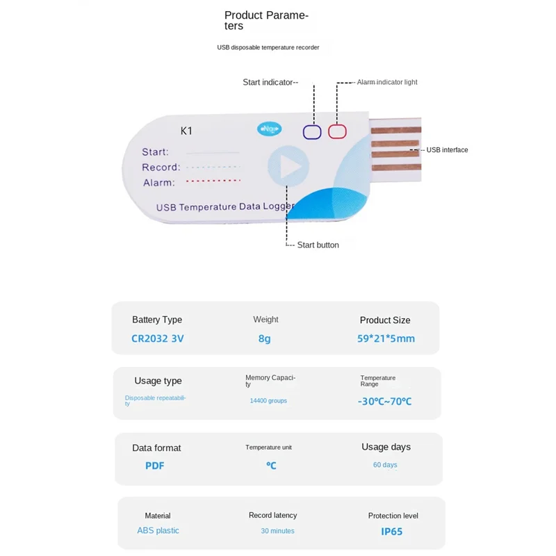 Registrador de datos de temperatura USB, 14400 puntos, informe USB, 60 días, IP65, grabadora desechable