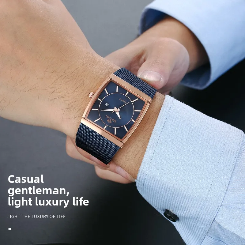 BestWin Luxury Gold Watch Men Square Japan Quartz Slim Steel Mesh Waterproof Sports Automatic Date Watches Relogio Masculino