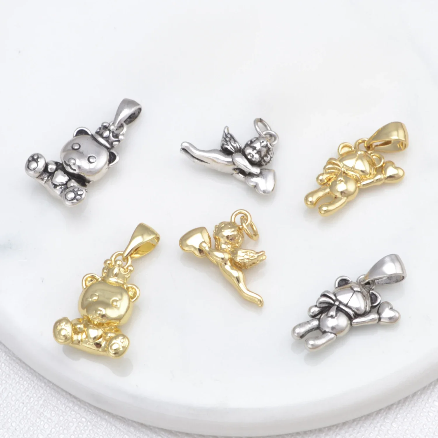 Retro Cupid Bear Pendant for Women Gold Silver Color Classic Jewelry DIY Accessories Cute Style Handmade Earring Materials 4 Pcs