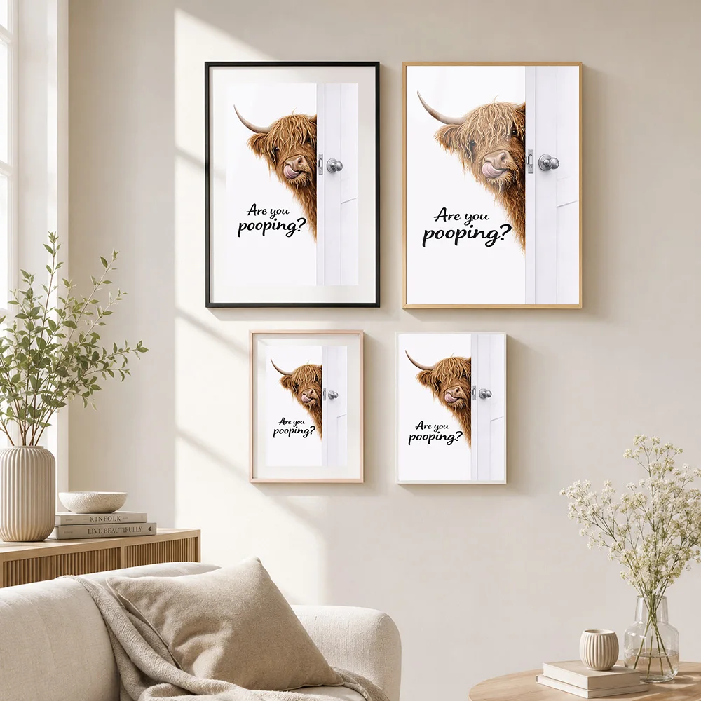 Are You Pooping Highland Cow Framed Metal Poster Personalized Photo Retro Comedy Style Wall Art For Bathroom Funny Friend Gift - view 4