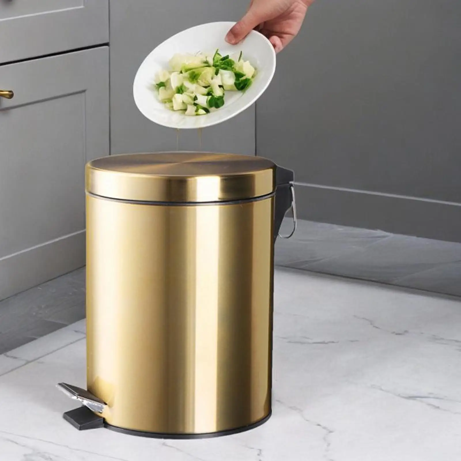 Pedal Bin Bathroom Trash Can Garbage Dustbin Slient Space Saving Metal Waste Basket Garbage Bin for Living Room Home Toilet