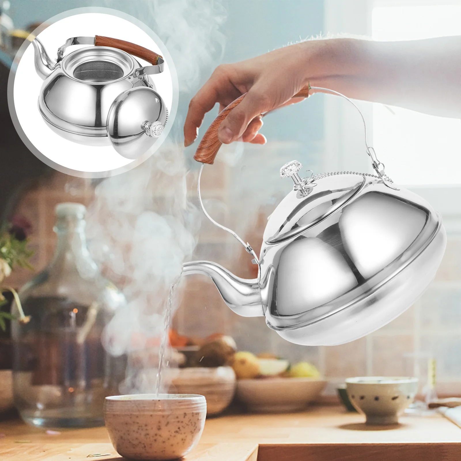 

Stainless Steel Teapot With Filter Wooden Grain Design Home Use Large Capacity Kitchen Decor Modern Tea Kettle For Office