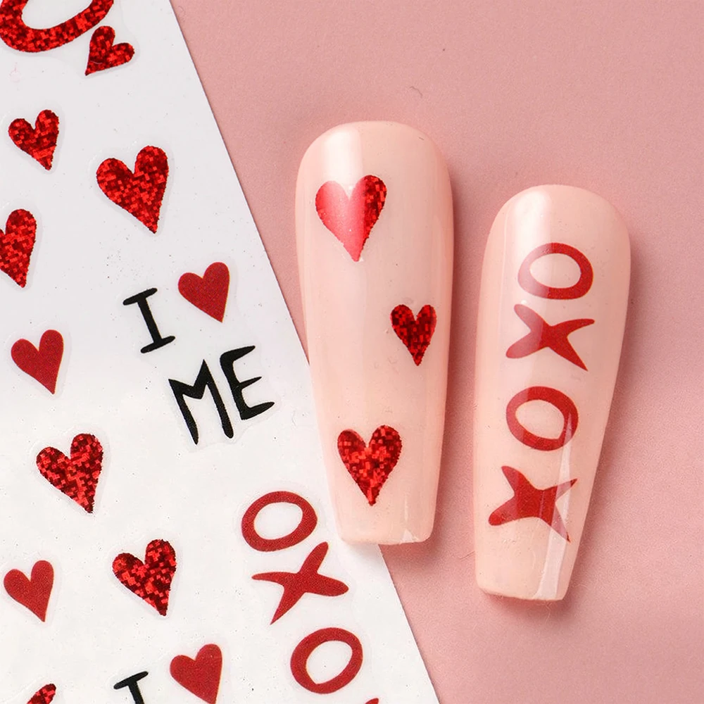 1 Stück Französische Glitzer-Herz-3D-Nagelkunst-Aufkleber „I LOVE ME“, Valentinstag-Glanz, Liebesherz, Valentinstag, Maniküre, Kunst-Abziehbilder, Nagelzubehör