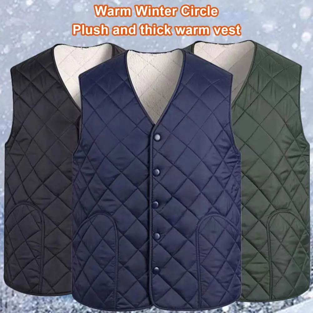Men Winter Cotton Vest Padded V Neck Sleeveless Warm Thick Solid Color Single-breasted Cardigan Thick Plush Plush Size Men Down