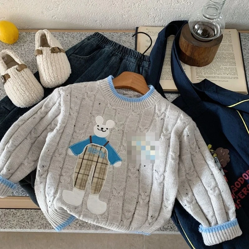 

2025 Winter New Children's Embroidered Cartoon Color Blocked Thick Knitted Warm Sweater