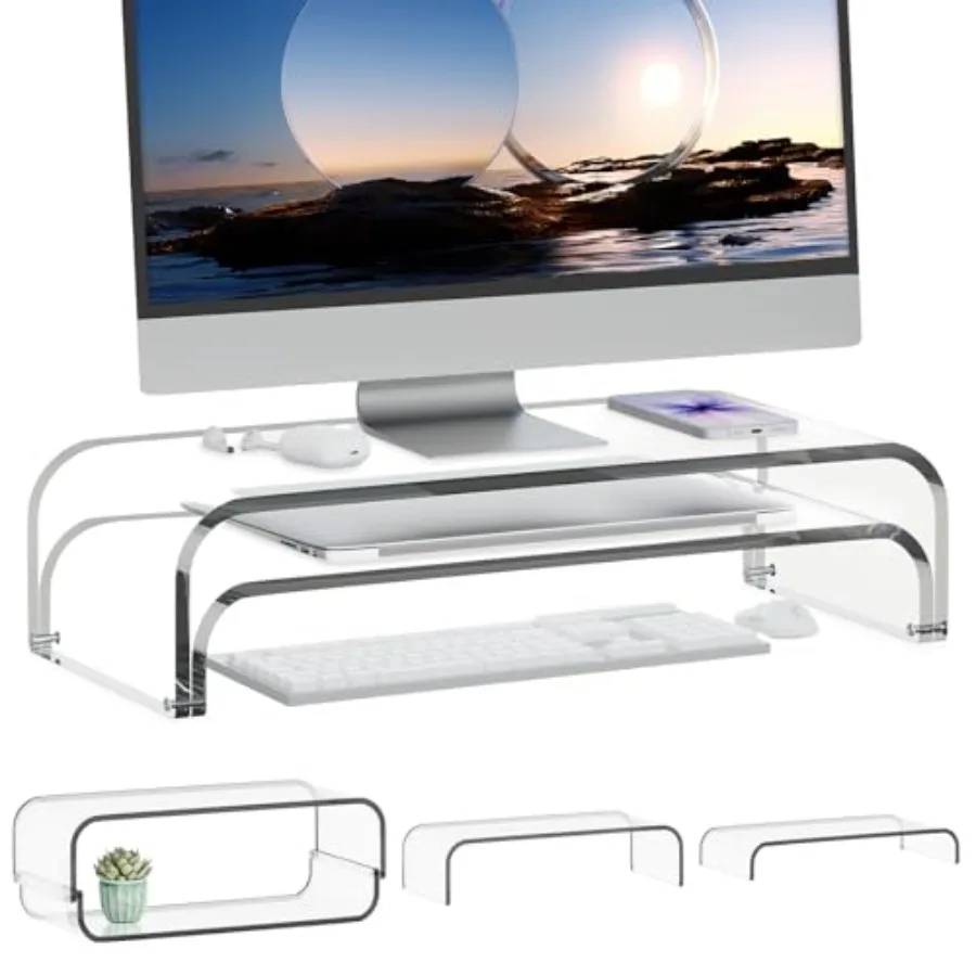 Acrylic Dual Monitor Stand Riser 2 Tier Modular Laptop Stand for Desk Multifunctional Desktop Organizer Shelf for PC iMac Print