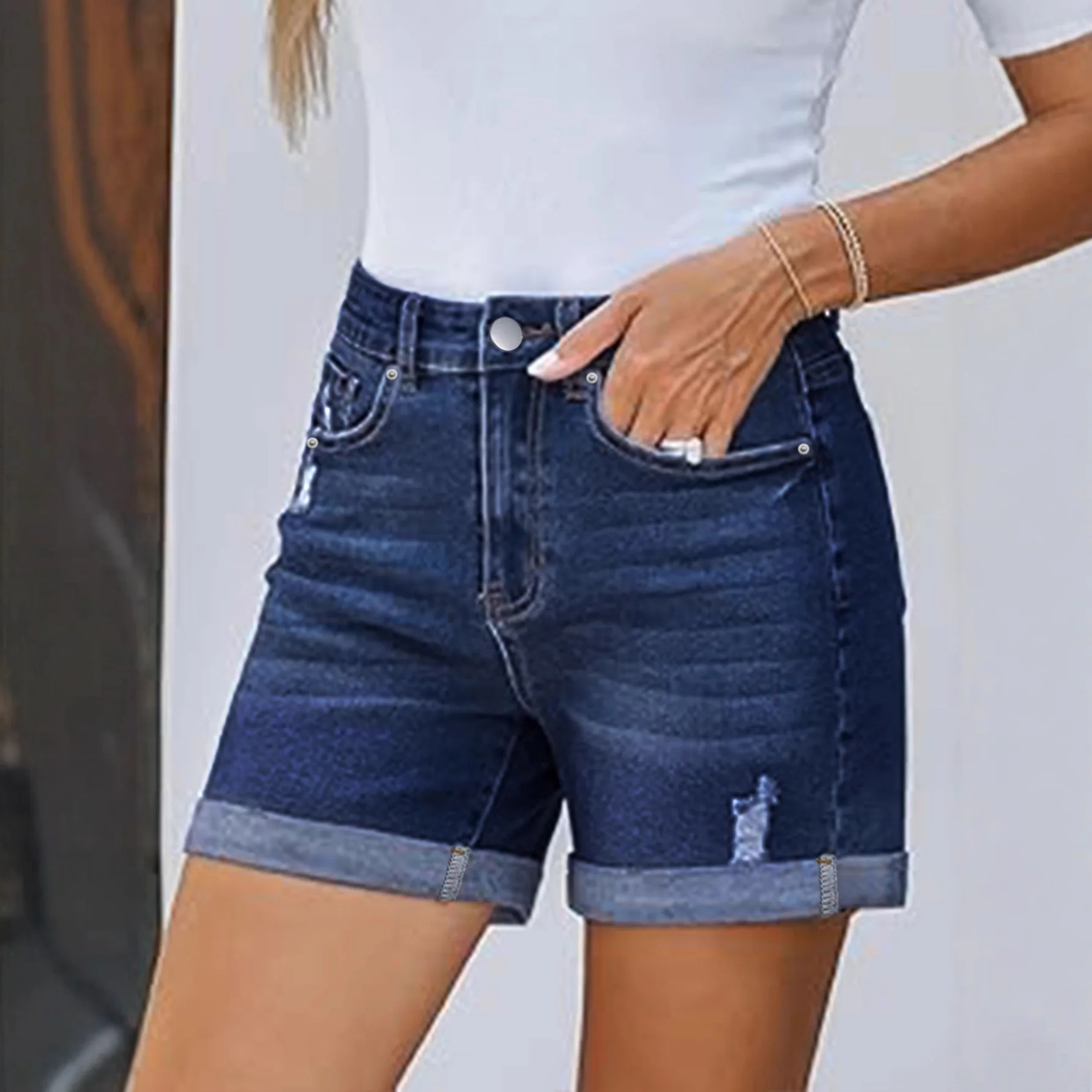 

European and American New Women's Elastic Straight Frayed Curled Denim Shorts