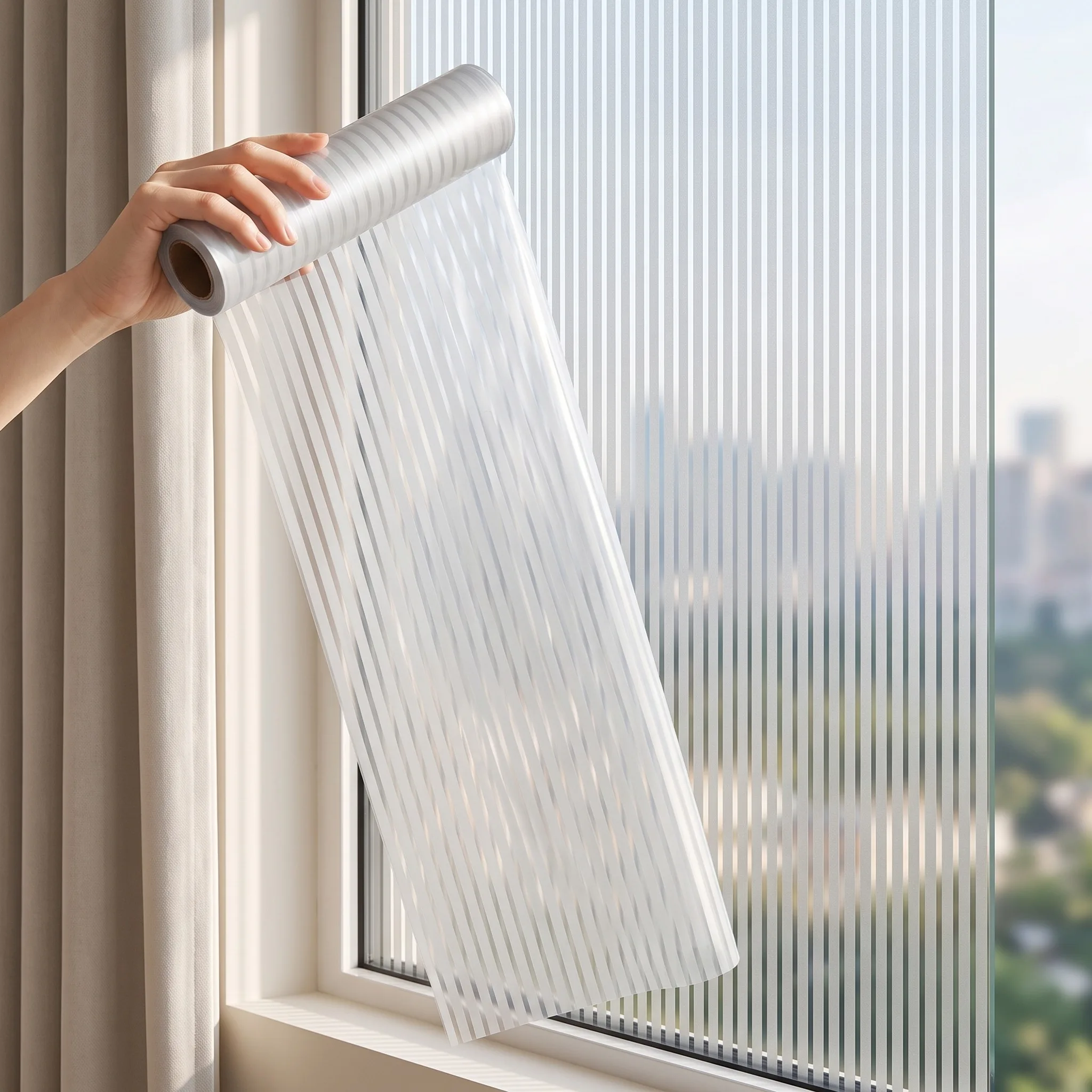 Nordic Reeded Vertical Stripe Static Cling Window Film No Glue Frosted Privacy Glass Film, Fluted Glass Decor for Bathroom Offic