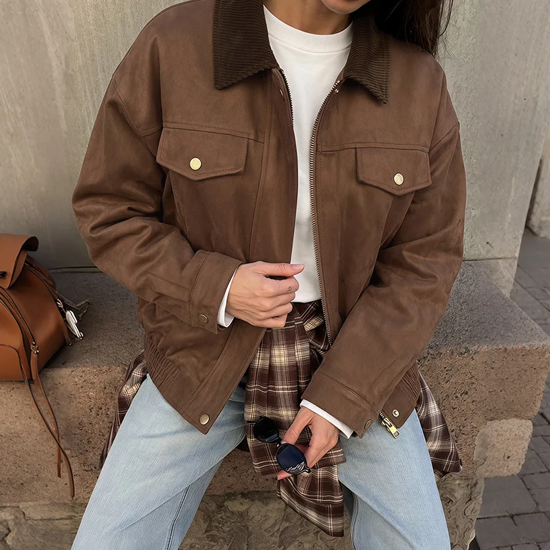 2026 Winter Casual Vintage Work Jacket Women Lady Autumn Loose Zipper Pocket Short Coat Female Turn Down Collar Long Sleeve Coat