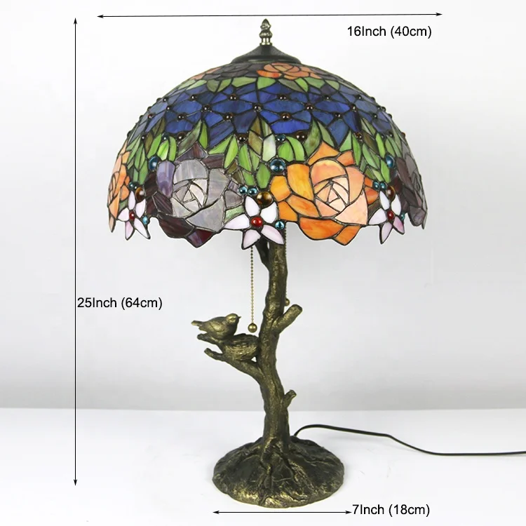 Style Stained glass lampshade table lamp, rose pattern table lamp with antique resin base