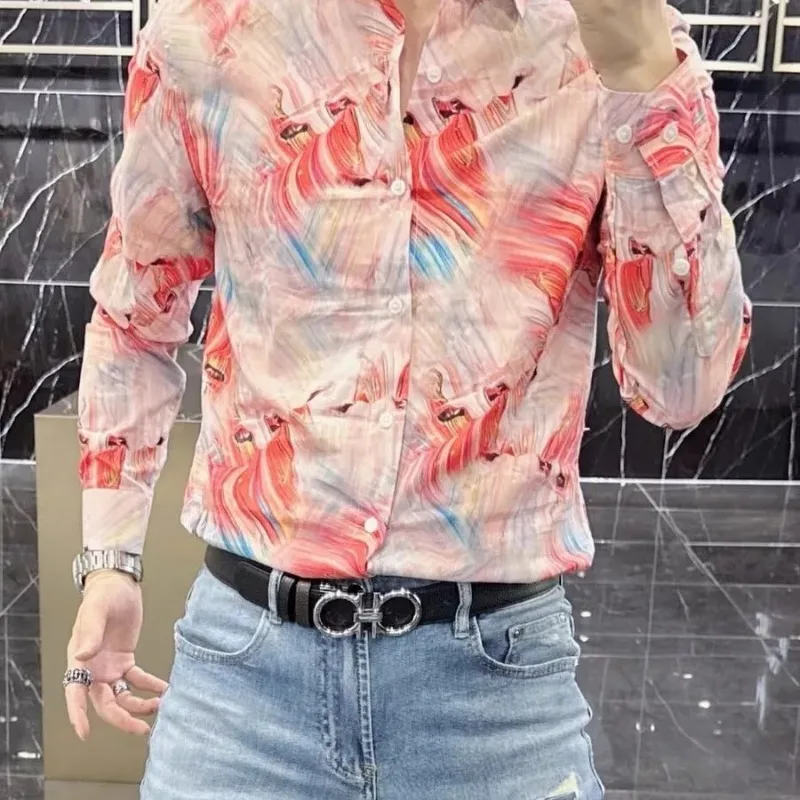 

Весенне-осенние высококачественные мужские рубашки с длинными рукавами и цветным узором, облегающие персонализированные модные рубашки с принтом