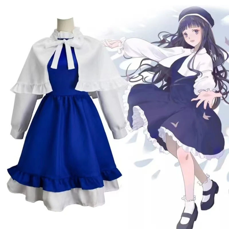 Disfraz de Cardcaptor Sakura Tomoyo Daidouji, vestido Lolita azul y blanco con sombrero de boina, traje de cantante para mujer para fiesta de Halloween