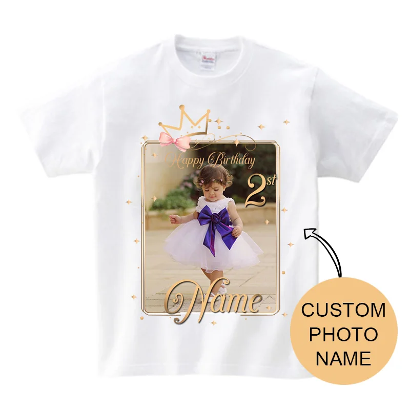 T-shirt assressentiavec nom personnalisé pour fille, chemise de couronne de princesse, photo d\'anniversaire de famille, tenues de t-shirt d\'image,