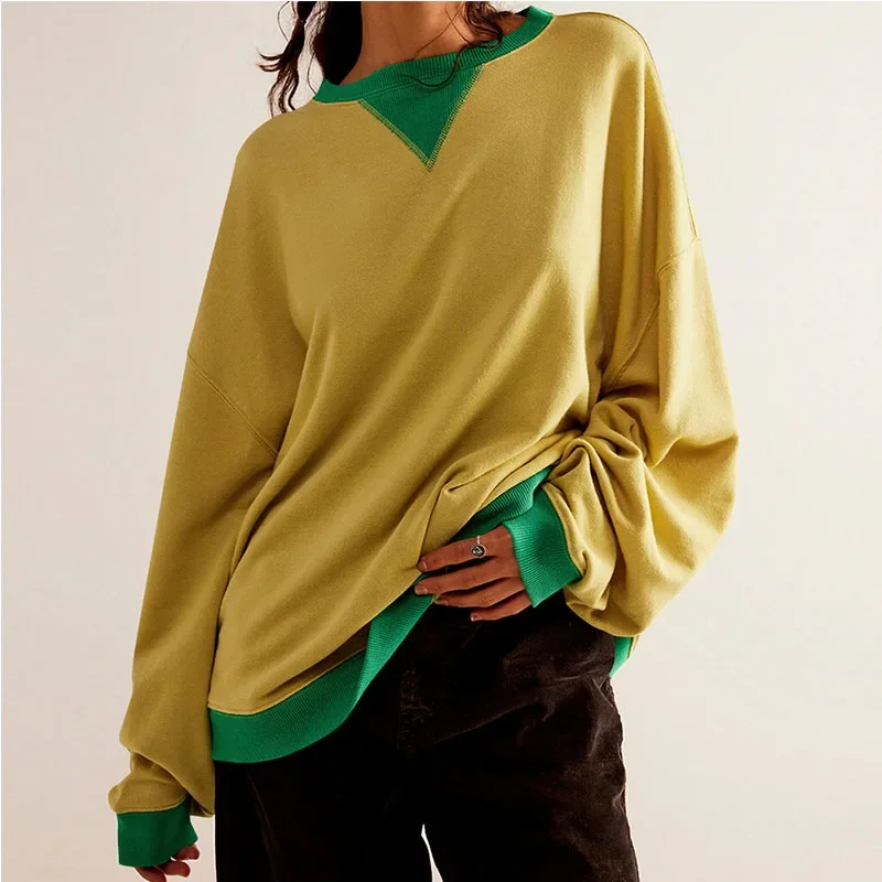 Women's   Color Blocking Long Sleeved Round Neck Sports Shirt Casual Loose Fitting Pullover Shirt Top plus size New Top