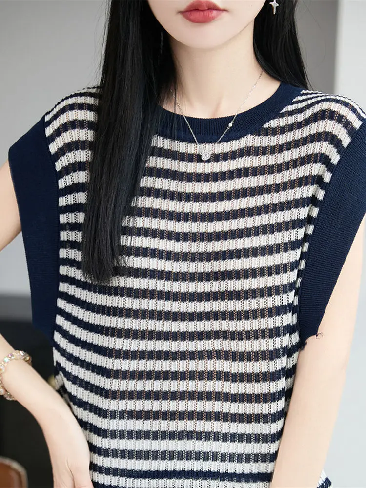 

Вязаный жилет Laceullier с короткими рукавами, женский топ, ультрамягкий, дышащий, влагоотводящий пуловер с круглым вырезом, весна-лето