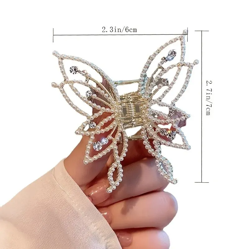 1pc Medium Hair Claw Clip, Non Slip Hair Clamp Butterfly Style Rhinestone Pearl Decor Barrettes For Thin Thick Hair