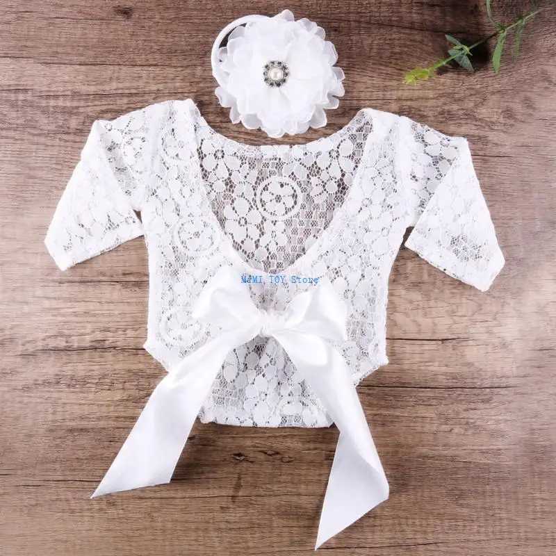 

24BE Lace Jumpsuit Bodysuit Headband Baby Boys Girls Lace Romper Flower Headband Set