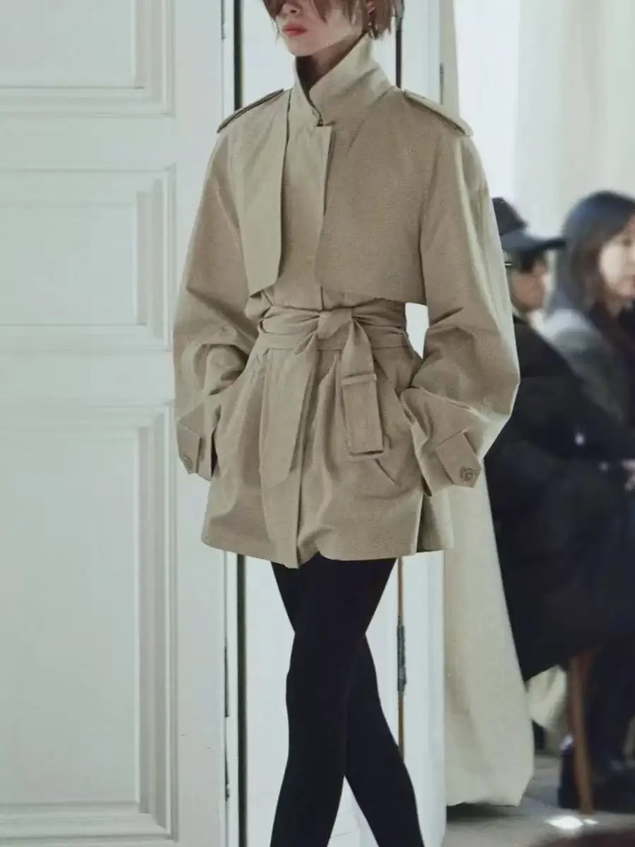 Removable Waist Cinched Midi Length Cotton Blend Coat Double Wear Style Decompression Atmosphere Fog Sensation Three Dimensio...
