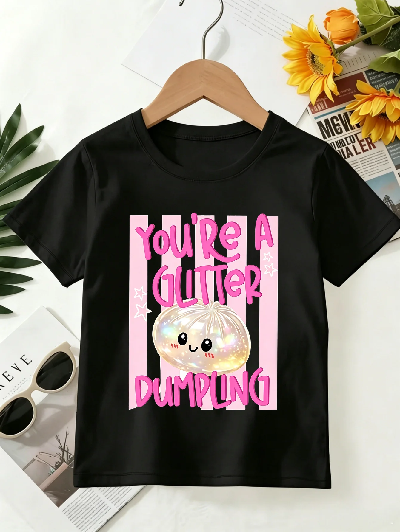 Glitter Dumpling Tee Cute Cartoon Food Letter Print Boys Girls Family Matching Cotton Summer Short Sleeve Basic Children Tshirt