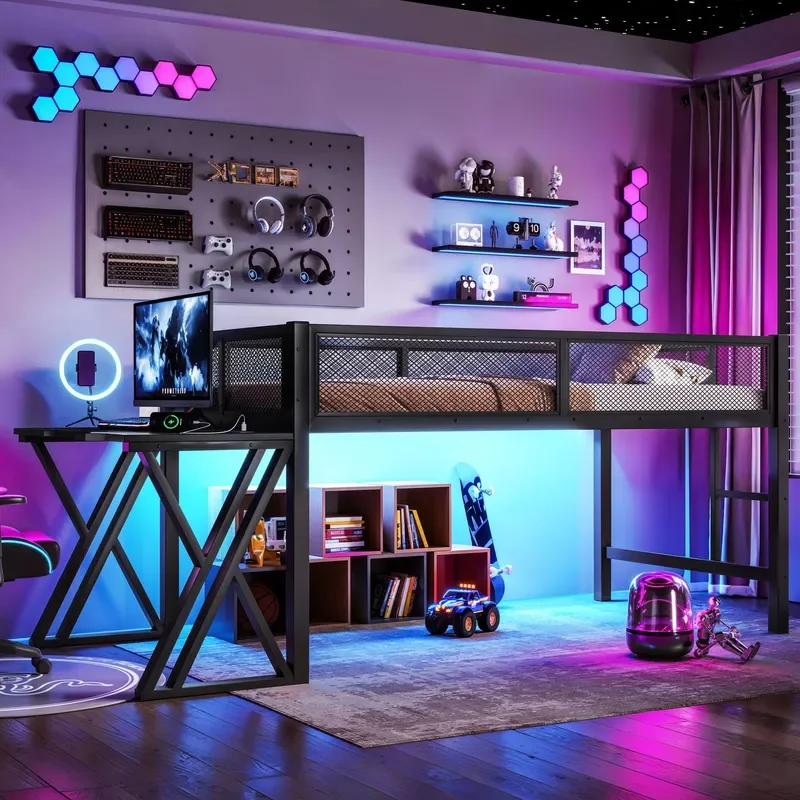 Industrial Loft Bed with Mesh Guardrail and Computer Desk Space Saving Metal Frame for Gaming Room Dormitory