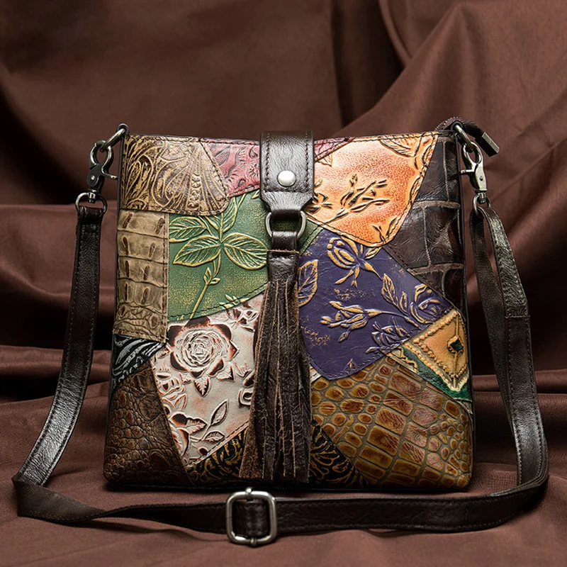 Fashionable Women Shoulder Bag Ethnic Style Genuine Leather Crossbody Bags of Female Ladies Patchwork Leather Sling Bag