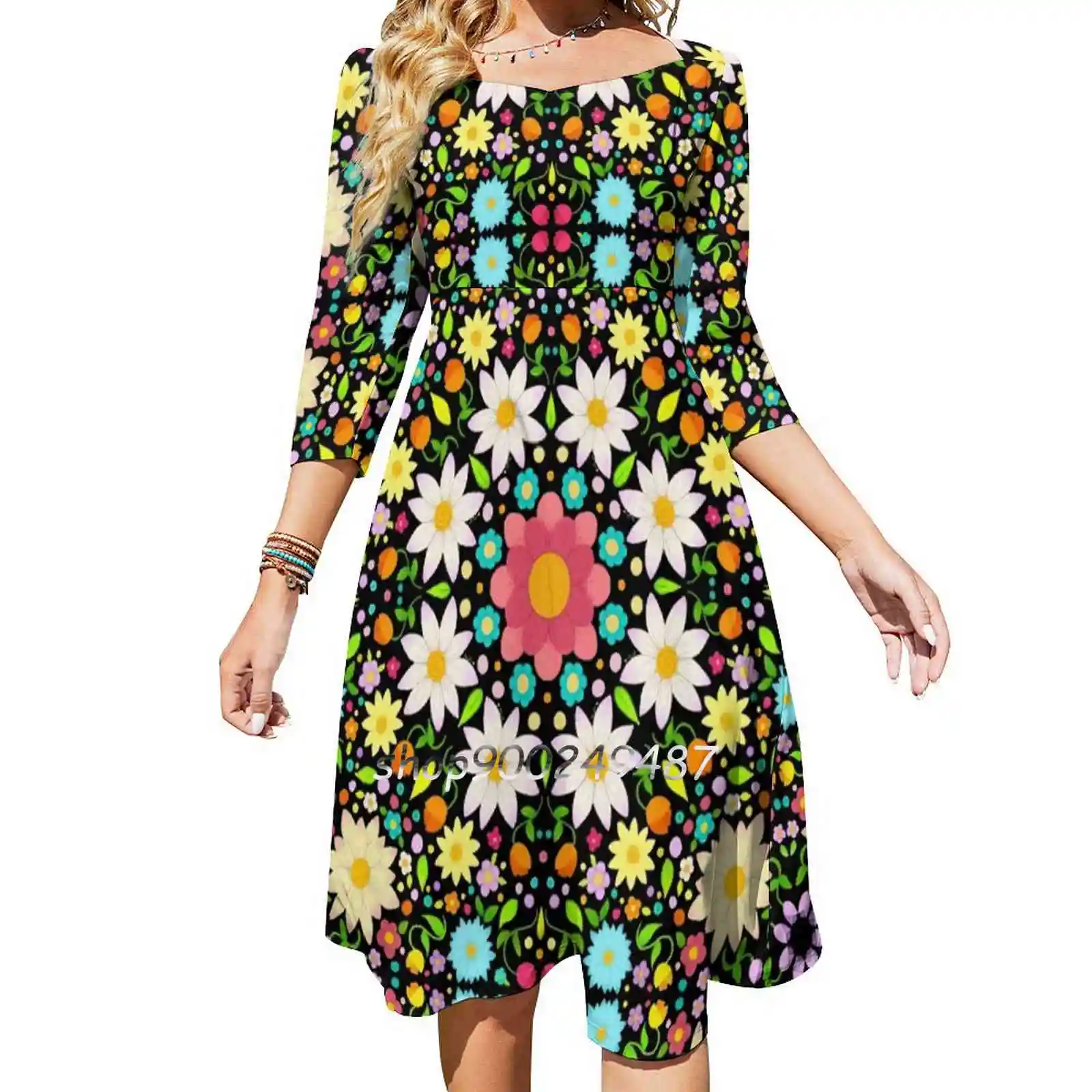 Flower Pattern Circular Design Evening Party Dresses Midi Sexy Dress Female Sweet One Piece Dress Korean Flowers Cute Mandala