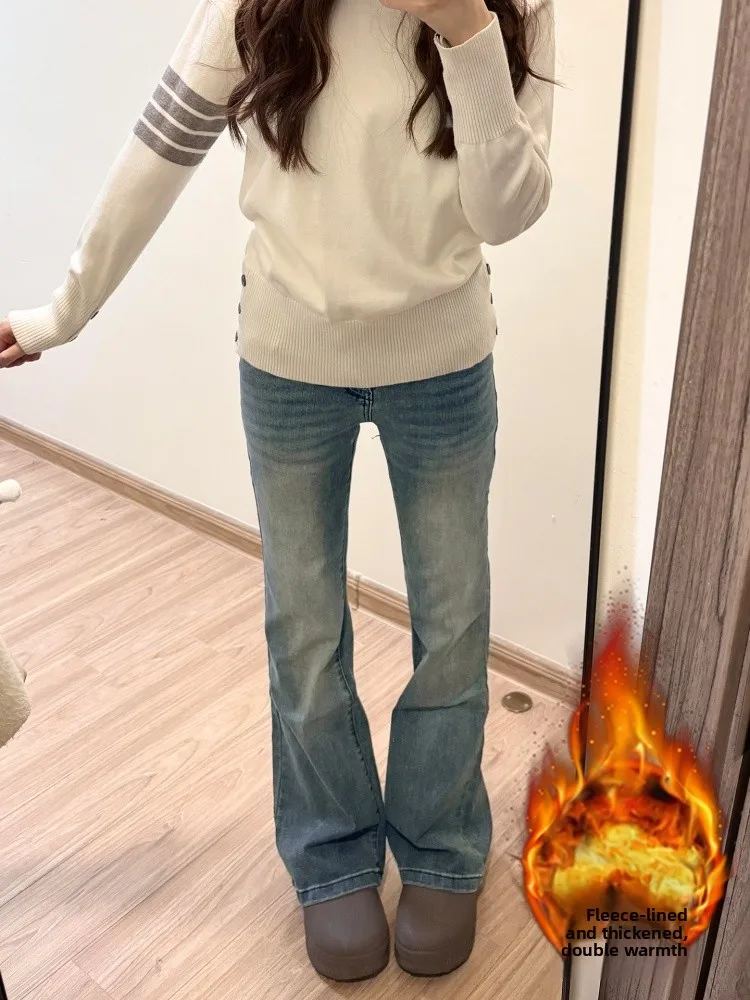 

Джинсы женские больших размеров с флисовой подкладкой, утепленные, микро-клеш, осенне-зимние, с высокой талией, утягивающие, эластичные, прямые, широкие штанины