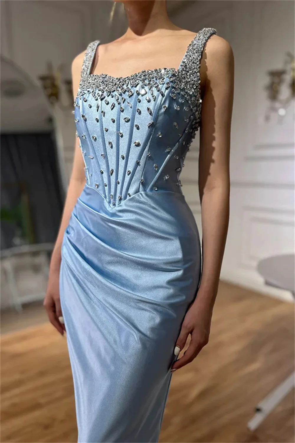 Cathy 맞춤형 블루 머메이드 크리스탈 댄스 파티 드레스 스퀘어 칼라 민소매 vestidos de noiva 럭셔리 바닥 길이 정장 저녁