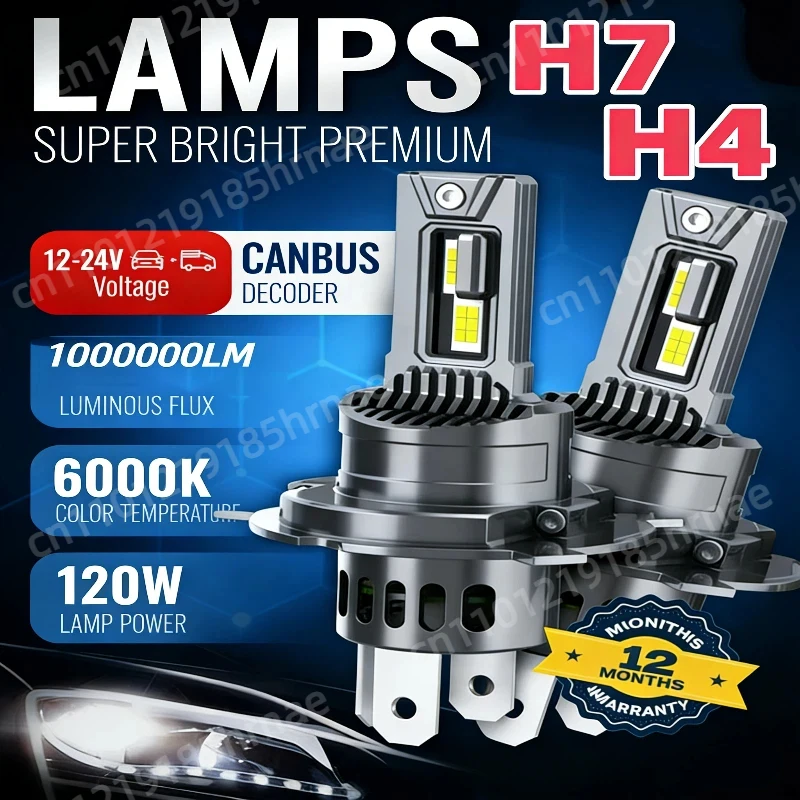 H4/H7 2pcs Car LED Headlights 1000000lm 1:1 Direct Insertion 6000k H7 High Brightness Spotlight Led Headlights 2026 Hot Selling