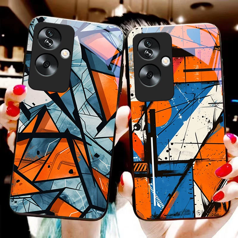 Wall graffiti in black For Oppo A79 5G 58 78 74 60 4G Reno 11F Realme GT 6 11 Note 50 10 C55 X2 Tempered glass black phone case