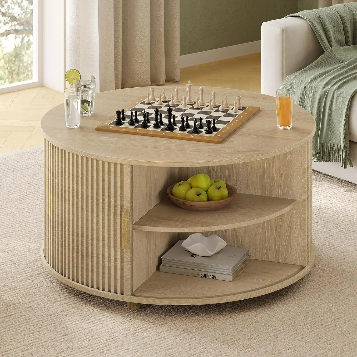 طاولة قهوة مستديرة قابلة للرفع، طاولة قهوة حديثة مقاس 34.6 بوصة مع 180 °   باب منزلق منحني، طاولات قهوة مزخرفة مع ش مخفي