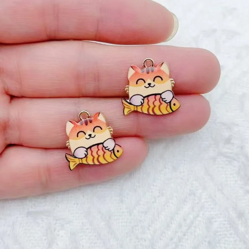 10pcs cross-border cartoon cute alloy cat eating fish animal pendant DIY accessories accessories mobile phone brooch pendant view 4