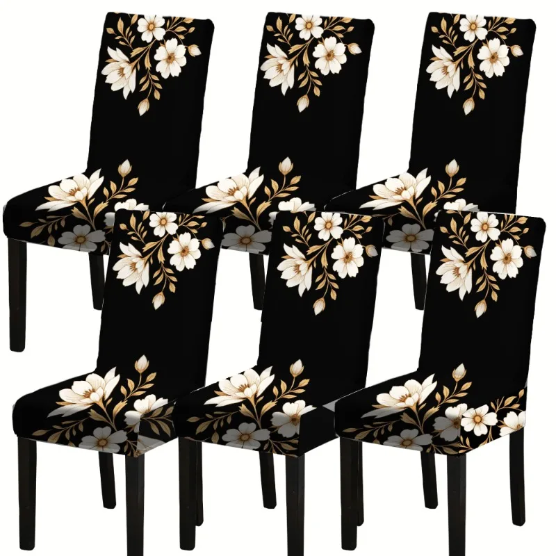 4/6pcs Stretch Chair Cover Black Floral Print Stretch Restaurant Seat Protector Universal Home Chair Decor Machine Washable