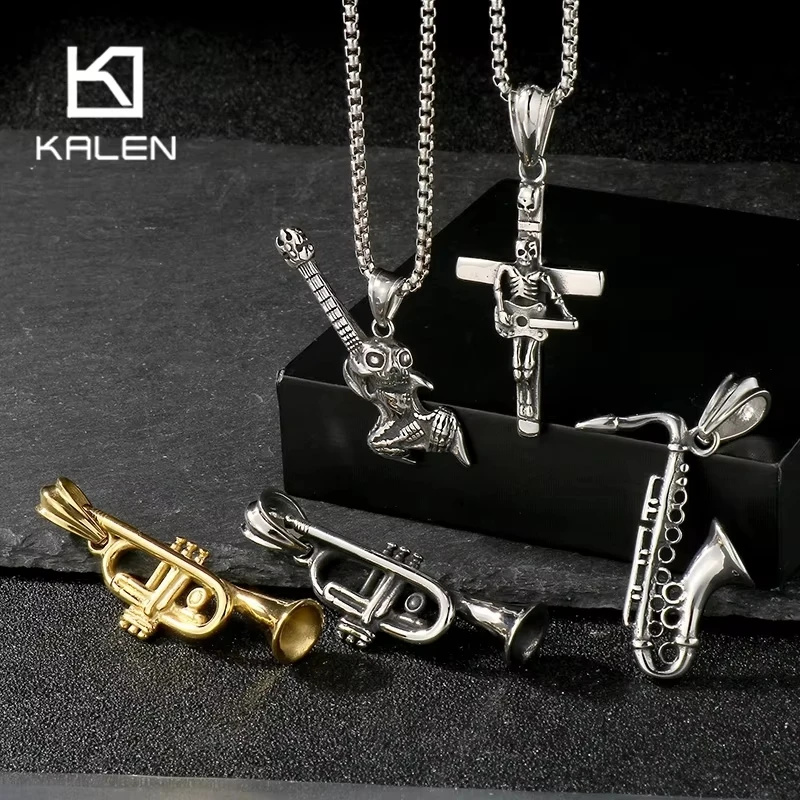 Kalen Unique Trumpet Necklace for Men Punk Stainless Steel Trumpet Pendant Necklace Rock Band Musical Party Jewelry Gifts