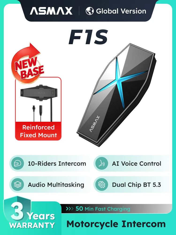 ASMAX F1S Motorfiets Bluetooth Intercom voor 10 Rijders, Spraakbesturing, BT 5.3 Helmcommunicatie, Hi-Fi Geluid, Geen Magnetische Basis - afbeelding 2