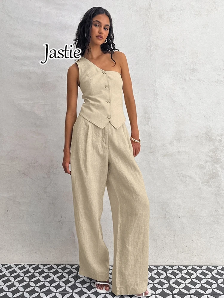 

Jastie Sexy Slant Collar Vest Tops + Wide Legs Pants Two Piece Sets Office Ladies Khaki Cotton Linen Pants Suit Summer Outfit