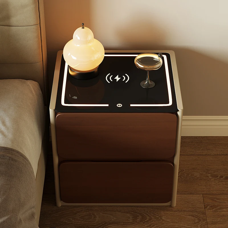 Italian minimalist bedroom bedside table side cabinet household tempered glass drawer storage cabinet wireless charging with lig