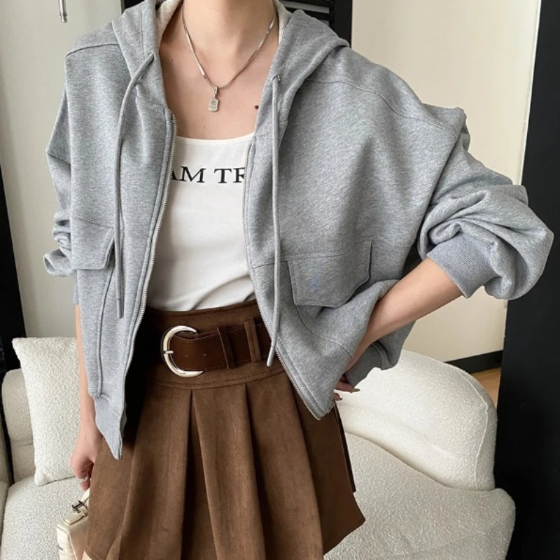 

Women Hoodies Coats Solid Sweatshirts Jackets Zipper Pocket Hooded Long Sleeve Slight Strech Loose Fit Casual Office 2026 Spring